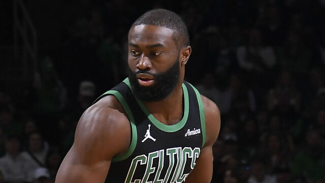 BOSTON, MA - APRIL 6: Jaylen Brown #7 of the Boston Celtics dribbles the ball during the game against the Washington Wizards on April 6, 2025 at TD Garden in Boston, Massachusetts. NOTE TO USER: User expressly acknowledges and agrees that, by downloading and/or using this Photograph, user is consenting to the terms and conditions of the Getty Images License Agreement. Mandatory Copyright Notice: Copyright 2025 NBAE