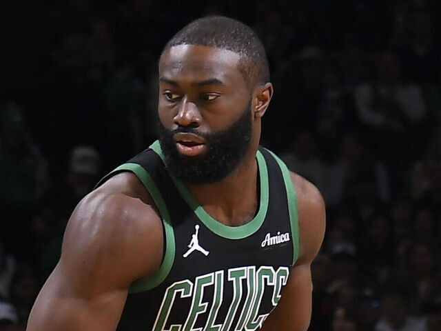 BOSTON, MA - APRIL 6: Jaylen Brown #7 of the Boston Celtics dribbles the ball during the game against the Washington Wizards on April 6, 2025 at TD Garden in Boston, Massachusetts. NOTE TO USER: User expressly acknowledges and agrees that, by downloading and/or using this Photograph, user is consenting to the terms and conditions of the Getty Images License Agreement. Mandatory Copyright Notice: Copyright 2025 NBAE