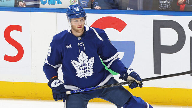 TORONTO, CANADA - MARCH 13: Steven Lorentz #18 of the Toronto Maple Leafs warms up prior to playing against the Florida Panthers in an NHL game at Scotiabank Arena on March 13, 2025 in Toronto, Ontario, Canada.