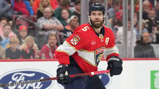 SUNRISE, FL - MARCH 03: Florida Panthers defenseman Aaron Ekblad (5) watched the puck in the second period during the game between the Tampa Bay Lightning and the Florida Panthers on Monday, March 3, 2025 at Amerant Bank Arena in Sunrise, FL.