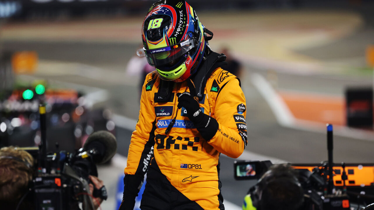 BAHRAIN, BAHRAIN - APRIL 12: Pole position qualifier Oscar Piastri of Australia and McLaren celebrates on arrival in parc ferme during qualifying ahead of the F1 Grand Prix of Bahrain at Bahrain International Circuit on April 12, 2025 in Bahrain, Bahrain.