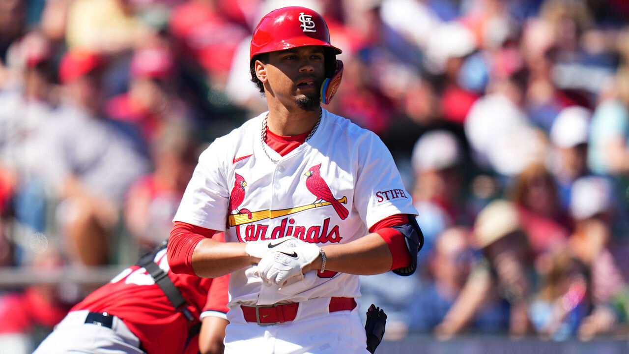 JUPITER, FLORIDA - MARCH 06: Masyn Winn #0 of the St. Louis Cardinals at bat during a spring training game against the Washington Nationals at Roger Dean Stadium on March 06, 2025 in Jupiter, Florida.
