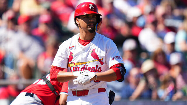 JUPITER, FLORIDA - MARCH 06: Masyn Winn #0 of the St. Louis Cardinals at bat during a spring training game against the Washington Nationals at Roger Dean Stadium on March 06, 2025 in Jupiter, Florida.