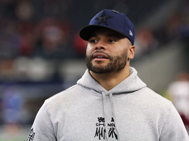 ARLINGTON, TEXAS - JANUARY 05: Dak Prescott #4 of the Dallas Cowboys looks on prior to the game against the Washington Commanders at AT&T Stadium on January 05, 2025 in Arlington, Texas.