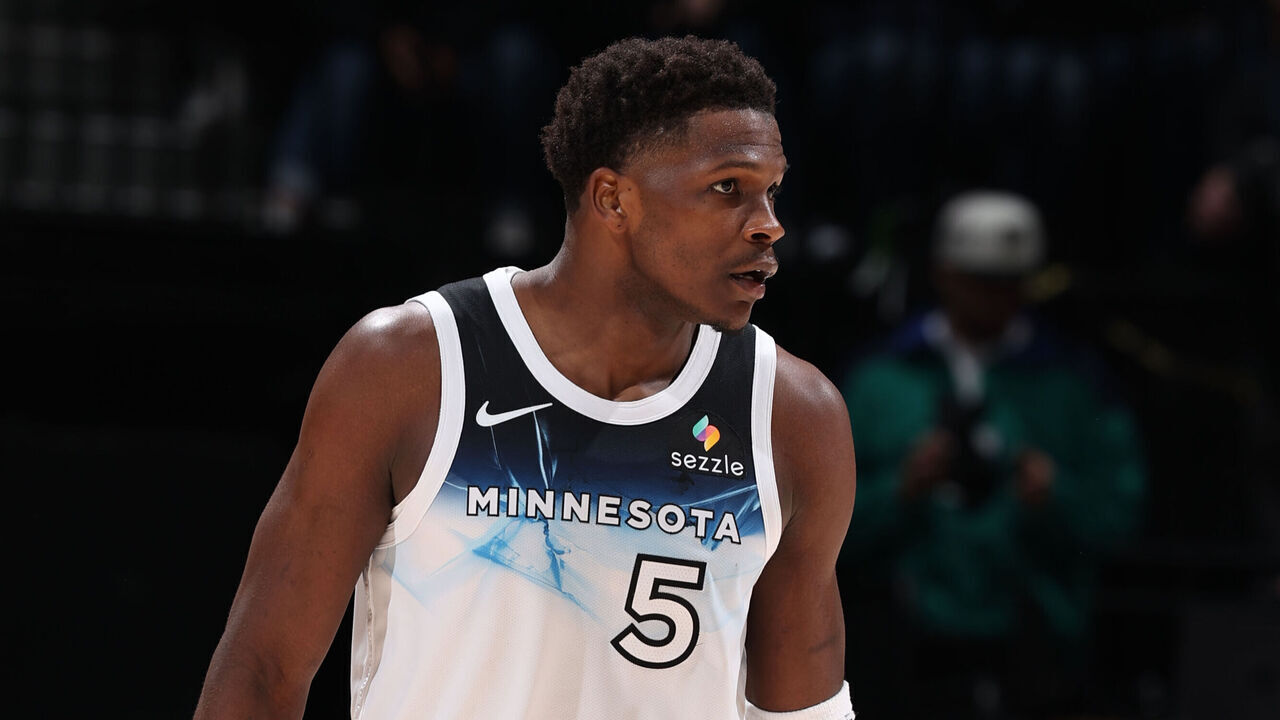 MINNEAPOLIS, MN - APRIL 11: Anthony Edwards #5 of the Minnesota Timberwolves during the game against the Brooklyn Nets on April 11, 2025 at Target Center in Minneapolis, Minnesota. Mandatory Copyright Notice: Copyright 2025 NBAE