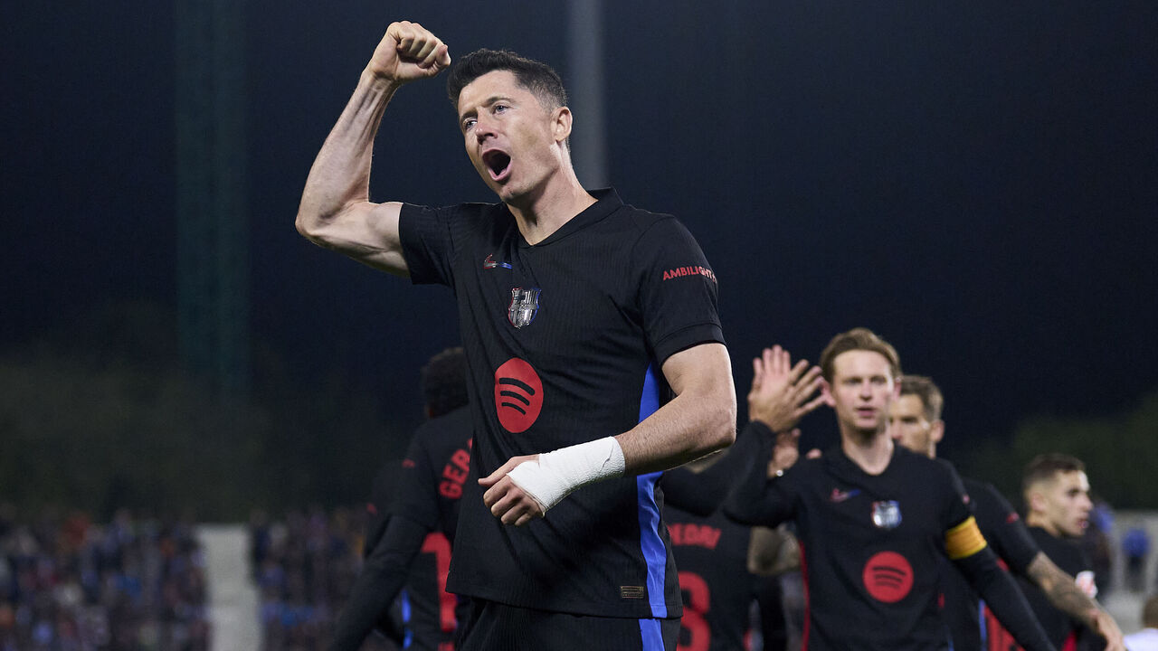 LEGANES, SPAIN - APRIL 12: Robert Lewandowskiof FC Barcelona celebrates his team first goal during the LaLiga match between CD Leganes and FC Barcelona at Estadio Municipal de Butarque on April 12, 2025 in Leganes, Spain.