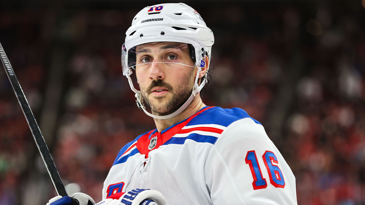 RALEIGH, NORTH CAROLINA - APRIL 12: Vincent Trocheck #16 of the New York Rangers looks on during the second period of the game against the Carolina Hurricanes at Lenovo Center on April 12, 2025 in Raleigh, North Carolina.