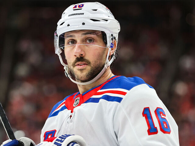 RALEIGH, NORTH CAROLINA - APRIL 12: Vincent Trocheck #16 of the New York Rangers looks on during the second period of the game against the Carolina Hurricanes at Lenovo Center on April 12, 2025 in Raleigh, North Carolina.