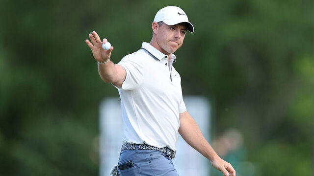 AUGUSTA, GEORGIA - APRIL 12: Rory McIlroy of Northern Ireland acknowledges the crowd on the 15th green during the third round of the 2025 Masters Tournament at Augusta National Golf Club on April 12, 2025 in Augusta, Georgia.