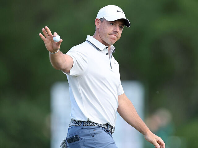 AUGUSTA, GEORGIA - APRIL 12: Rory McIlroy of Northern Ireland acknowledges the crowd on the 15th green during the third round of the 2025 Masters Tournament at Augusta National Golf Club on April 12, 2025 in Augusta, Georgia.