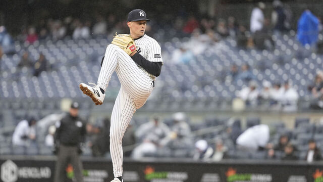 BRONX, NY - APRIL 12: New York Yankees Pitcher Will Warren (98) delivers a pitch during the first inning of the Major League Baseball game between the San Francisco Giants and the New York Yankees on April 12, 2025, at Yankee Stadium in the Bronx, NY.