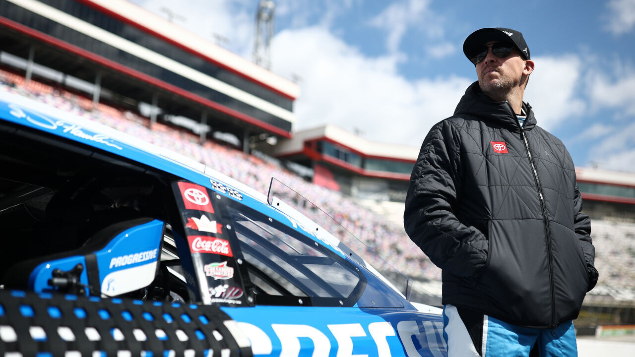 BRISTOL, TENNESSEE - APRIL 12: Denny Hamlin, driver of the #11 Progressive Toyota, looks on during qualifying for the NASCAR Cup Series Food City 500 at Bristol Motor Speedway on April 12, 2025 in Bristol, Tennessee.