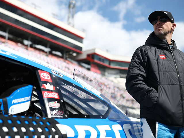 BRISTOL, TENNESSEE - APRIL 12: Denny Hamlin, driver of the #11 Progressive Toyota, looks on during qualifying for the NASCAR Cup Series Food City 500 at Bristol Motor Speedway on April 12, 2025 in Bristol, Tennessee.