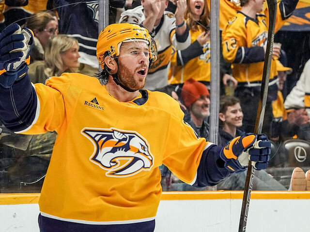 NASHVILLE, TENNESSEE - FEBRUARY 22: Jonathan Marchessault #81 of the Nashville Predators celebrates his goal against the Colorado Avalanche during an NHL game at Bridgestone Arena on February 22, 2025 in Nashville, Tennessee.
