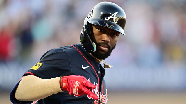 TAMPA, FLORIDA - APRIL 12: Michael Harris II #23 of the Atlanta Braves react after hitting a two-run home run in the ninth inning against the Tampa Bay Rays at George M. Steinbrenner Field on April 12, 2025 in Tampa, Florida.