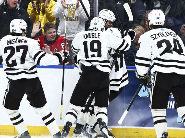 ST LOUIS, MISSOURI - APRIL 12: The Western Michigan Broncos celebrate after a goal against the Boston University Terriers in the second period during the Division I Men's Ice Hockey Championship held at the Enterprise Center on April 12, 2025 in St Louis, Missouri.