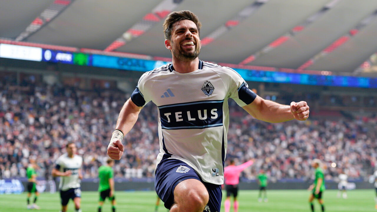 VANCOUVER, CANADA - APRIL 12: Brian White #24 of Vancouver Whitecaps celebrates after scoring his second goal of the game against the Austin FC during their MLS match at BC Place on April 12, 2025 in Vancouver, Canada.