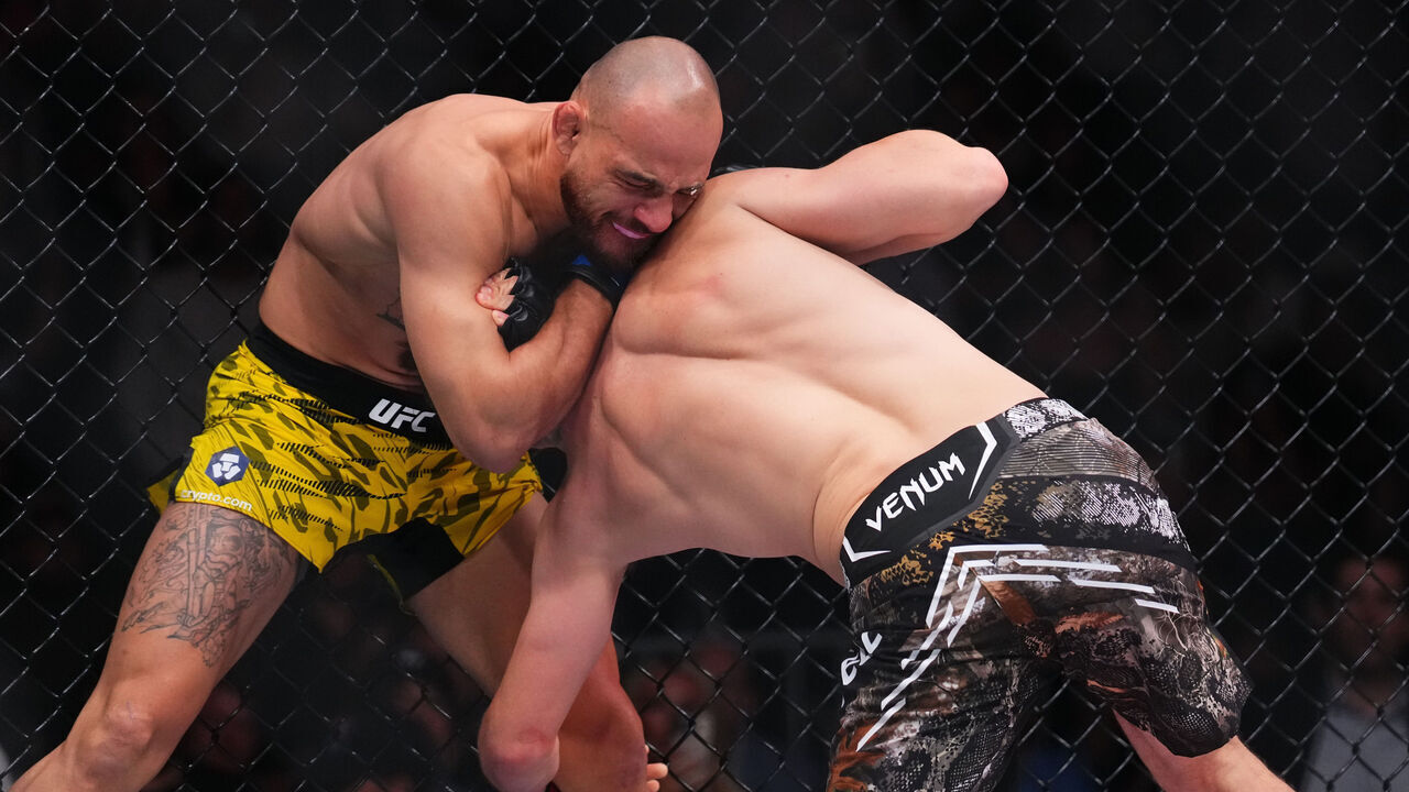 MIAMI, FLORIDA - APRIL 12: (L-R) Jean Silva of Brazil works for a submission against Bryce Mitchell in a featherweight bout during the UFC 314 event at Kaseya Center on April 12, 2025 in Miami, Florida.