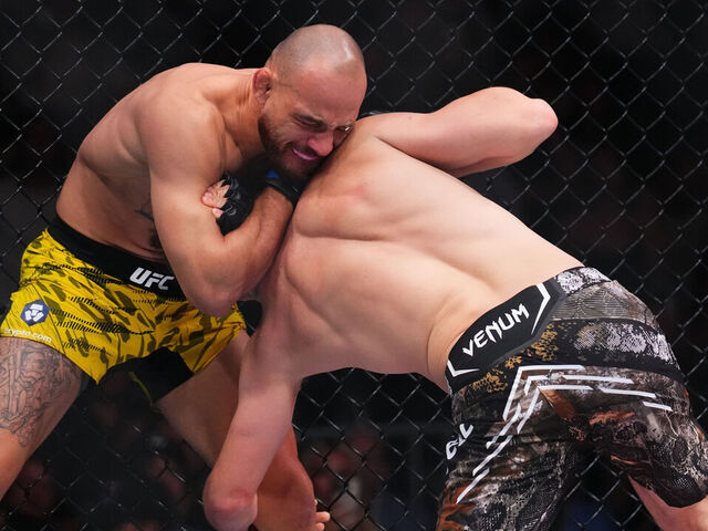 MIAMI, FLORIDA - APRIL 12: (L-R) Jean Silva of Brazil works for a submission against Bryce Mitchell in a featherweight bout during the UFC 314 event at Kaseya Center on April 12, 2025 in Miami, Florida.