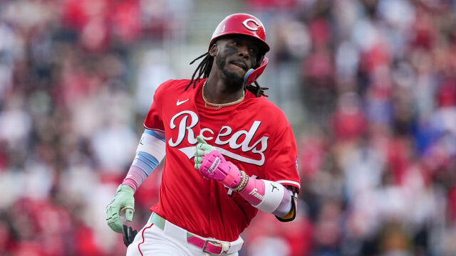 CINCINNATI, OHIO - APRIL 12: Elly De La Cruz #44 of the Cincinnati Reds rounds the bases after hitting a grand slam in the fourth inning against the Pittsburgh Pirates at Great American Ball Park on April 12, 2025 in Cincinnati, Ohio.
