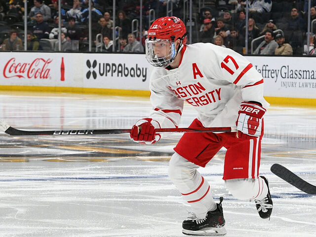 BOSTON, MA - MARCH 20: Boston University Terriers forward Quinn Hutson (17) skates during the Hockey East semifinal game between the Boston University Terriers and the UConn Huskies on March 20, 2025, at TD Garden in Boston, MA.