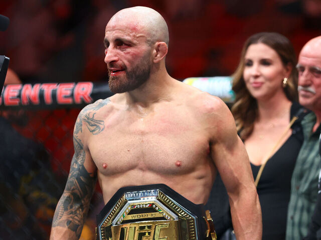 MIAMI, FLORIDA - APRIL 12: Alexander Volkanovski of Australia celebrates after defeating Diego Lopes of Brazil to win the featherweight title during UFC 314 at Kaseya Center on April 12, 2025 in Miami, Florida.