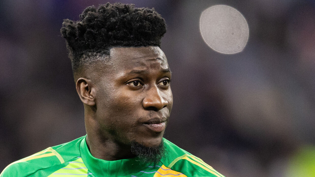 Andre Onana of Manchester United plays during the UEFA Europa League quarter-final first leg match between Olympique Lyonnais and Manchester United at the Parc Olympique Lyonnais Groupama Stadium.