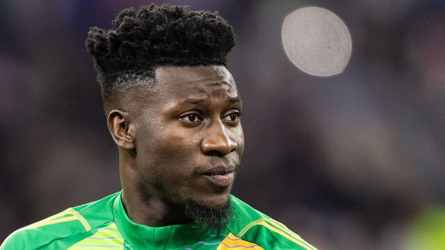Andre Onana of Manchester United plays during the UEFA Europa League quarter-final first leg match between Olympique Lyonnais and Manchester United at the Parc Olympique Lyonnais Groupama Stadium.