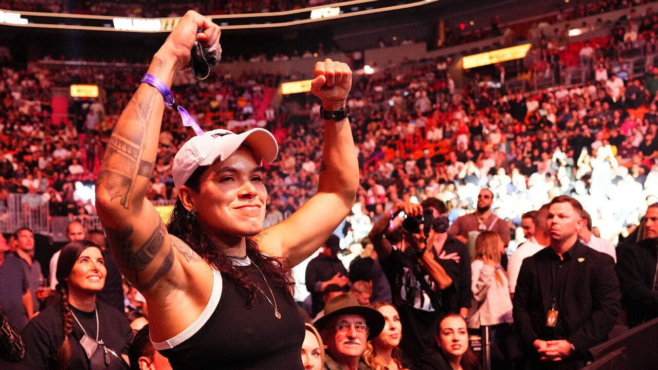 MIAMI, FLORIDA - APRIL 12: Amanda Nunes reacts to the announcement of her induction into the UFC Hall of Fame during the UFC 314 event at Kaseya Center on April 12, 2025 in Miami, Florida.