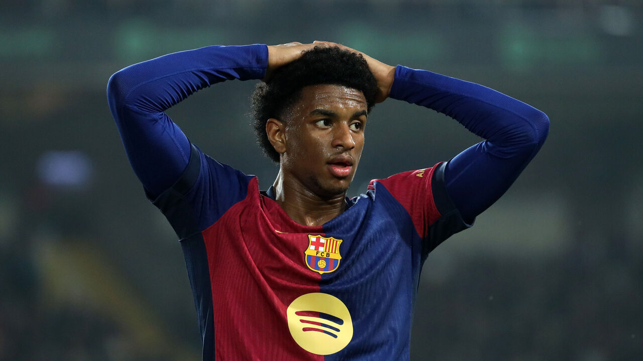 BARCELONA, SPAIN - APRIL 05: Alejandro Balde of FC Barcelona reacts during the LaLiga match between FC Barcelona and Real Betis Balompie at Estadi Olimpic Lluis Companys on April 05, 2025 in Barcelona, Spain.