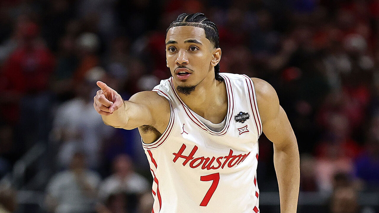 SAN ANTONIO, TEXAS - APRIL 07: Milos Uzan #7 of the Houston Cougars reacts during the first half in the National Championship of the NCAA Men's Basketball Tournament against the Florida Gators at the Alamodome on April 07, 2025 in San Antonio, Texas.