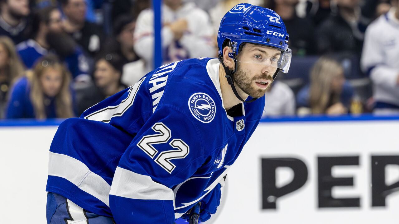 TAMPA, FL - APRIL 9: Oliver Bjorkstrand #22 of the Tampa Bay Lightning against the Toronto Maple Leafs at Amalie Arena on April 9, 2025 in Tampa, Florida.