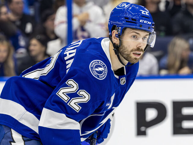 TAMPA, FL - APRIL 9: Oliver Bjorkstrand #22 of the Tampa Bay Lightning against the Toronto Maple Leafs at Amalie Arena on April 9, 2025 in Tampa, Florida.