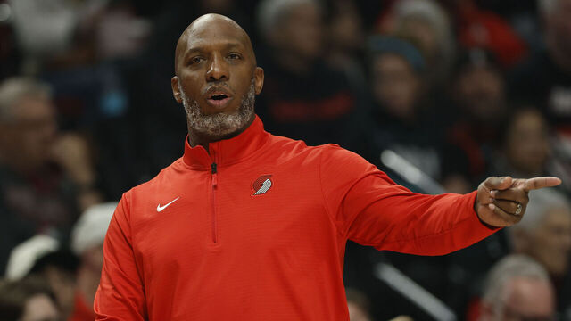 PORTLAND, OREGON - APRIL 06: Head coach Chauncey Billups of the Portland Trail Blazers gestures during the first quarter against the San Antonio Spurs at the Moda Center on April 06, 2025 in Portland, Oregon. The Portland Trail Blazers won 120-109.