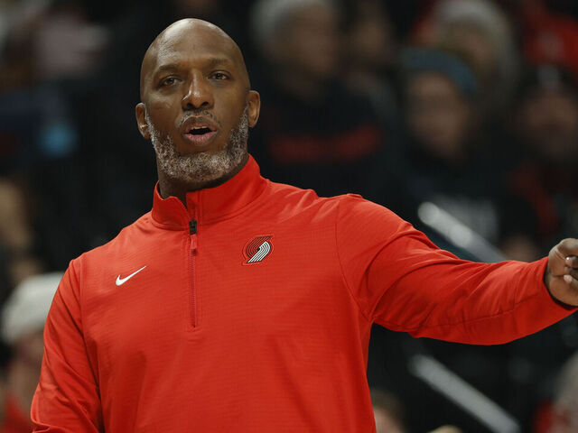 PORTLAND, OREGON - APRIL 06: Head coach Chauncey Billups of the Portland Trail Blazers gestures during the first quarter against the San Antonio Spurs at the Moda Center on April 06, 2025 in Portland, Oregon. The Portland Trail Blazers won 120-109.