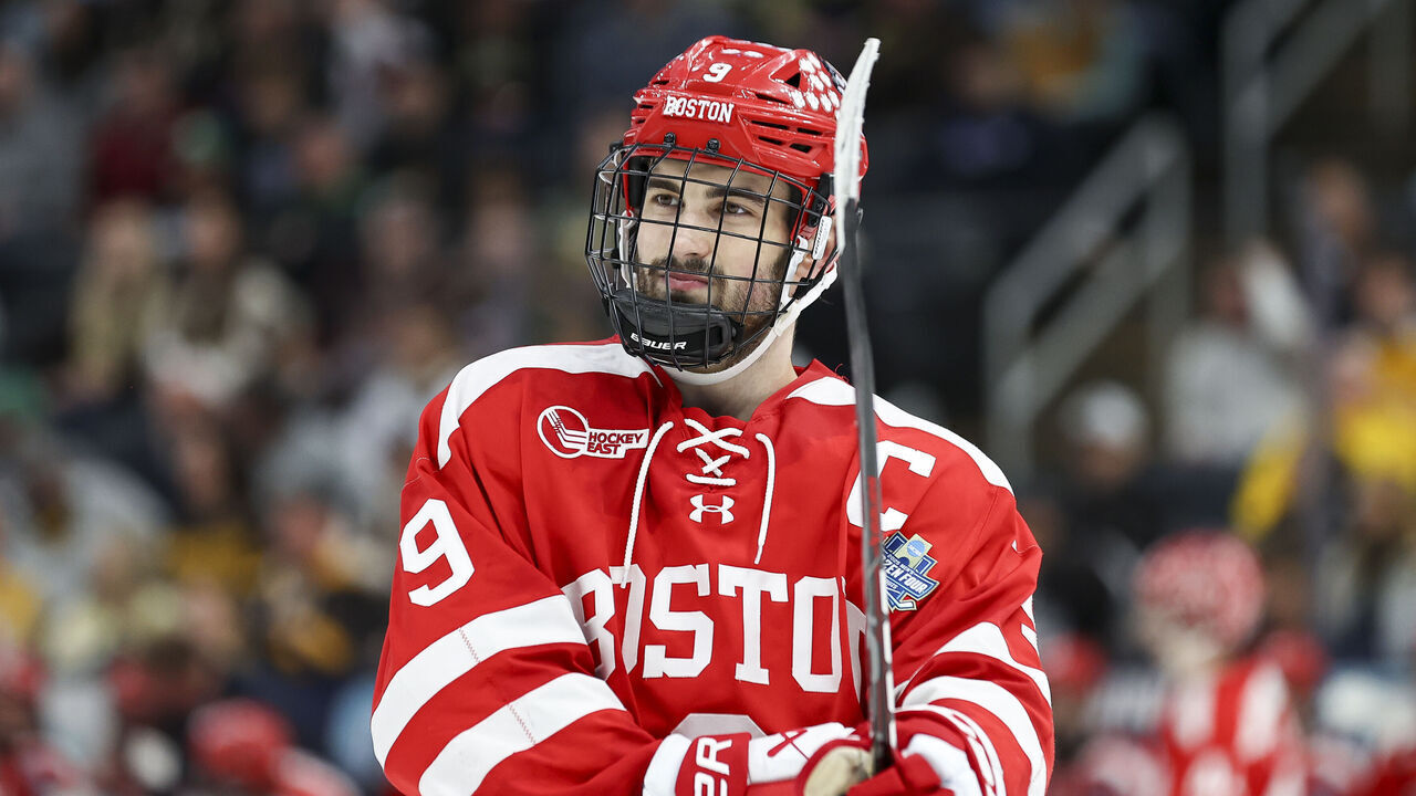 ST LOUIS, MISSOURI - APRIL 12: Ryan Greene #9 of the Boston University Terriers looks on against the Western Michigan Broncos in the second period during the Division I Men's Ice Hockey Championship held at the Enterprise Center on April 12, 2025 in St Louis, Missouri.