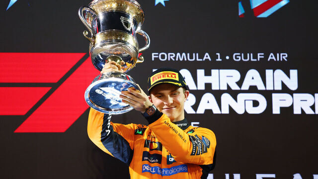 BAHRAIN, BAHRAIN - APRIL 13: Race winner Oscar Piastri of Australia and McLaren celebrates on the podium during the F1 Grand Prix of Bahrain at Bahrain International Circuit on April 13, 2025 in Bahrain, Bahrain.