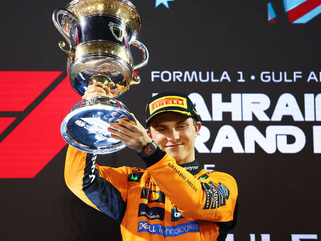 BAHRAIN, BAHRAIN - APRIL 13: Race winner Oscar Piastri of Australia and McLaren celebrates on the podium during the F1 Grand Prix of Bahrain at Bahrain International Circuit on April 13, 2025 in Bahrain, Bahrain.