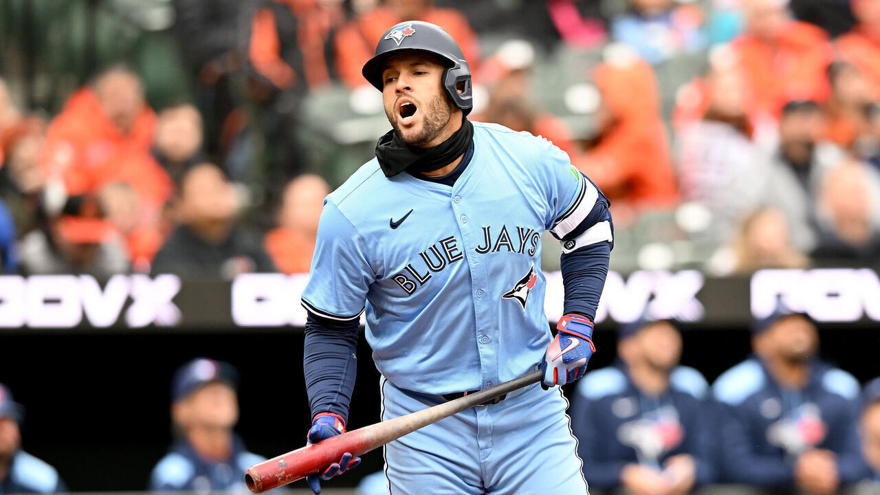 BALTIMORE, MARYLAND - APRIL 12: George Springer #4 of the Toronto Blue Jays reacts after flying out in the first inning against the Baltimore Orioles at Oriole Park at Camden Yards on April 12, 2025 in Baltimore, Maryland.