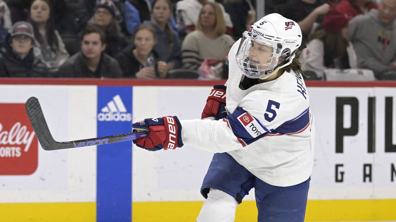 ST. PAUL, MN - FEBRUARY 11: Team USA defense Megan Keller (5) takes a shot on goal during the Canada USA Rivalry Series on February 11th, 2024, at the Xcel Energy Center in Saint Paul, MN.