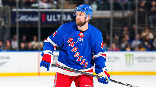 NEW YORK, NEW YORK - MARCH 02: Calvin de Haan #44 of the New York Rangers skates against the Nashville Predators at Madison Square Garden on March 2, 2025 in New York City.