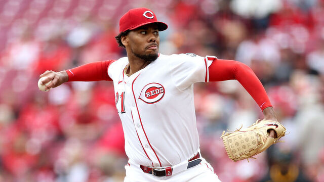 CINCINNATI, OHIO - APRIL 13: Hunter Greene #21of the Cincinnati Reds throws a pitch against the Pittsburgh Pirates at Great American Ball Park on April 13, 2025 in Cincinnati, Ohio.