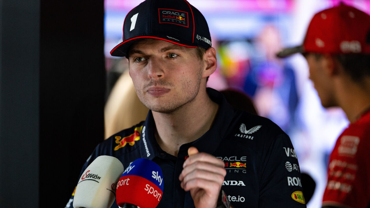 BAHRAIN, BAHRAIN - APRIL 13: Max Verstappen of Netherlands and Oracle Red Bull Racing answers questions in the media pen during the F1 Grand Prix of Bahrain at Bahrain International Circuit on April 13, 2025 in Bahrain, Bahrain.