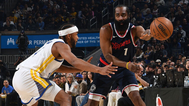 SAN FRANCISCO, CA - APRIL 13: James Harden #1 of the LA Clippers passes the ball during the game against the Golden State Warriors on April 13, 2025 at Chase Center in San Francisco, California. NOTE TO USER: User expressly acknowledges and agrees that, by downloading and or using this photograph, user is consenting to the terms and conditions of Getty Images License Agreement. Mandatory Copyright Notice: Copyright 2025 NBAE