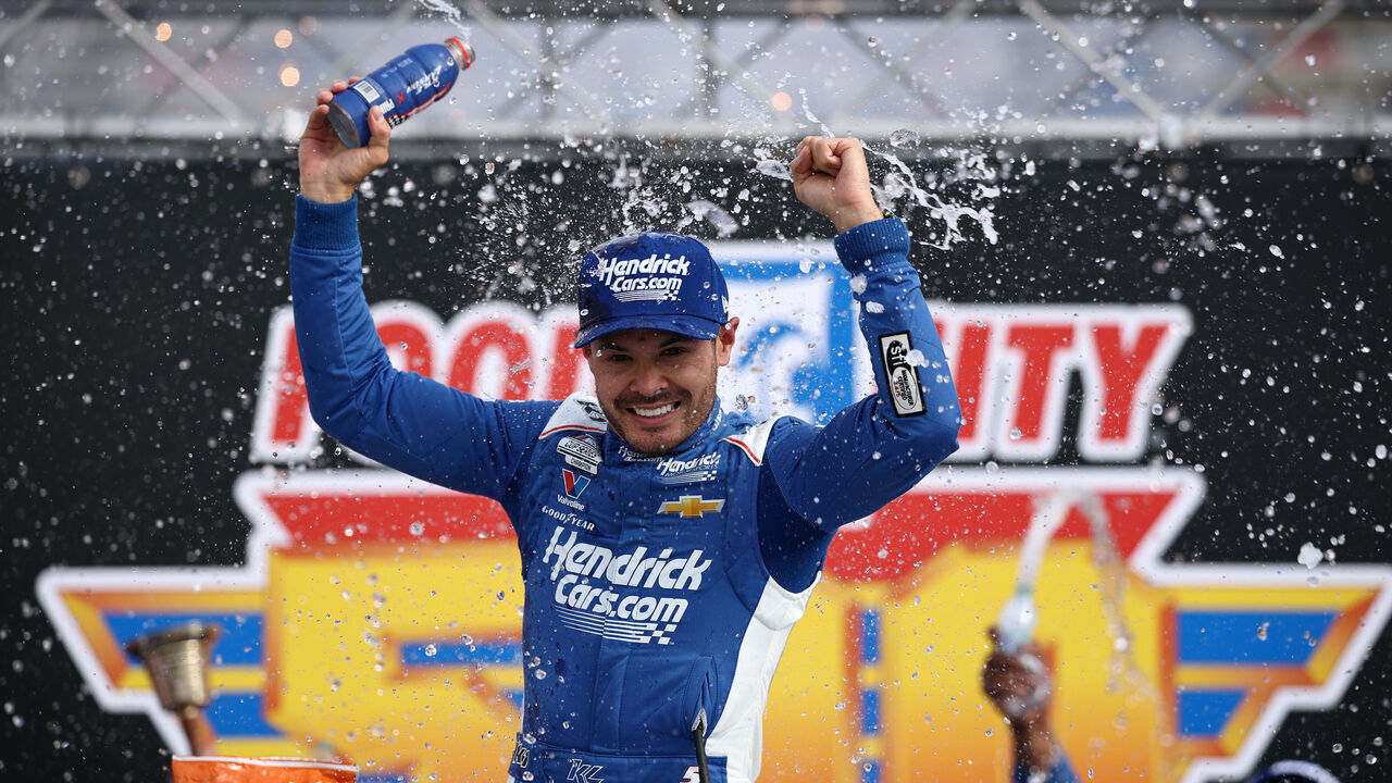 BRISTOL, TENNESSEE - APRIL 13: Kyle Larson, driver of the #5 HendrickCars.com Chevrolet, celebrates in victory lane after winning the NASCAR Cup Series Food City 500 at Bristol Motor Speedway on April 13, 2025 in Bristol, Tennessee.