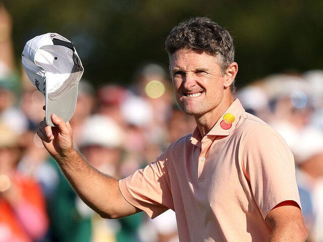 AUGUSTA, GEORGIA - APRIL 13: Justin Rose of England reacts after putting for birdie on the 18th hole during the final round of the 2025 Masters Tournament at Augusta National Golf Club on April 13, 2025 in Augusta, Georgia.