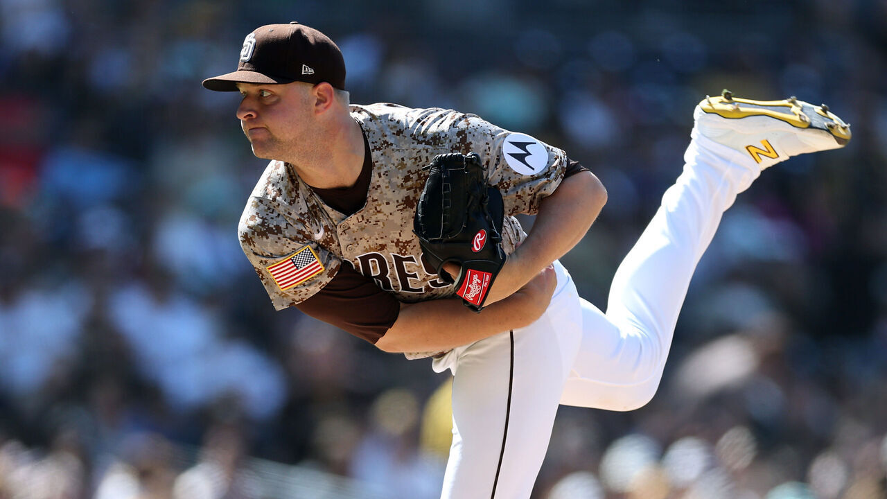 SAN DIEGO, CALIFORNIA - APRIL 13: Michael King #34 of the San Diego Padres pitches during the ninth inning of a game against the Colorado Rockies at Petco Park on April 13, 2025 in San Diego, California.