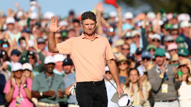 AUGUSTA, GEORGIA - APRIL 13: Justin Rose of England reacts after putting for birdie on the 18th hole during the final round of the 2025 Masters Tournament at Augusta National Golf Club on April 13, 2025 in Augusta, Georgia.