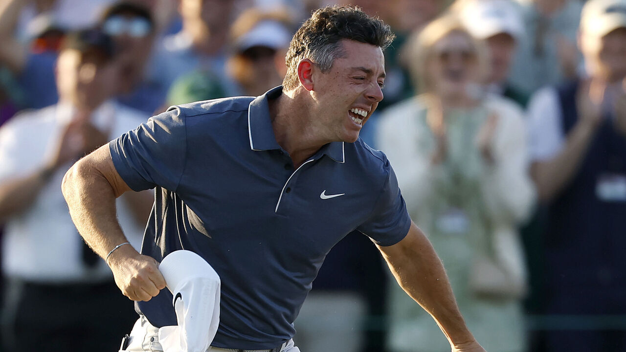 AUGUSTA, GEORGIA - APRIL 13: Rory McIlroy of Northern Ireland celebrates winning the 2025 Masters Tournament after the first playoff hole on the 18th green at Augusta National Golf Club on April 13, 2025 in Augusta, Georgia.