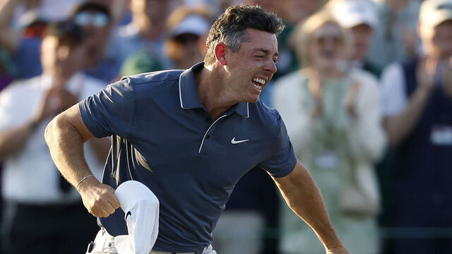 AUGUSTA, GEORGIA - APRIL 13: Rory McIlroy of Northern Ireland celebrates winning the 2025 Masters Tournament after the first playoff hole on the 18th green at Augusta National Golf Club on April 13, 2025 in Augusta, Georgia.